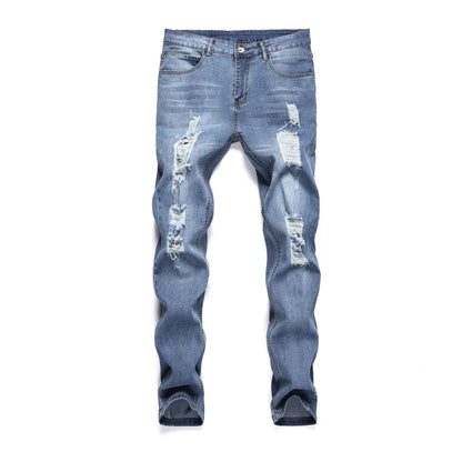 Full view of luxury men's ripped skinny jeans, elegantly designed in soft denim fabric for a minimalist yet fashionable outfit.