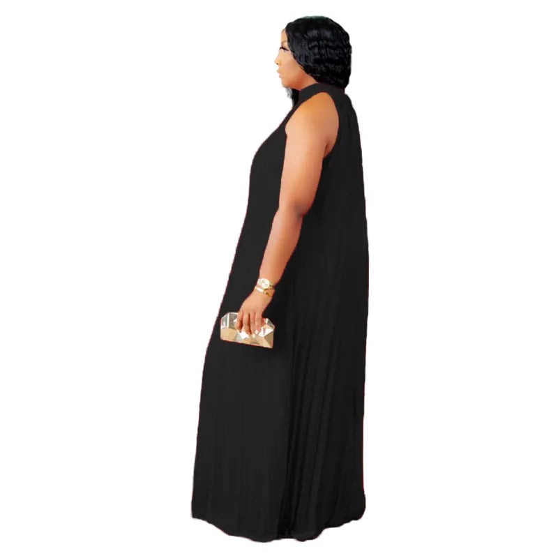 Graceful halter sleeveless maxi dress for plus size women, designed with a sophisticated natural waistline for maximum elegance.