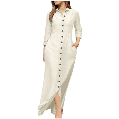 Elegant ankle-length long sleeve solid cotton blend shirt dress designed for women, featuring button closure and perfect for office lady style.