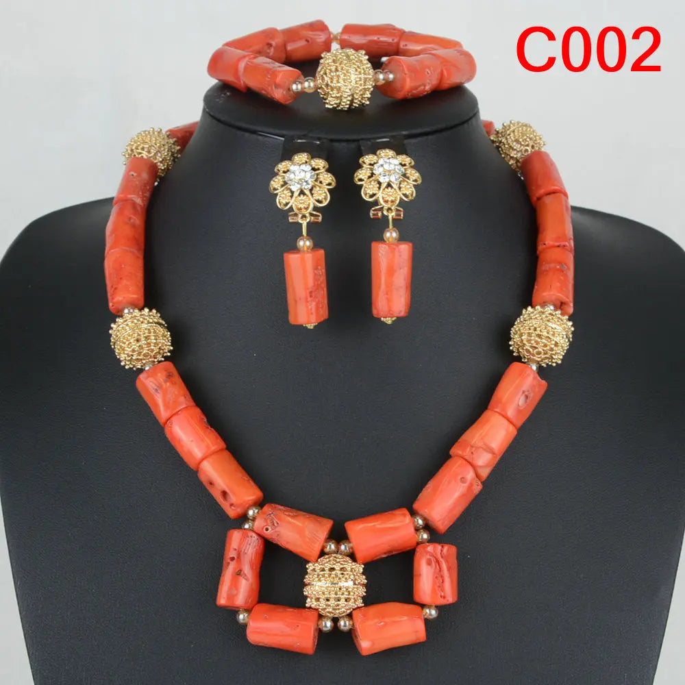 Fashionable Coral Bead Jewelry Set, including earrings, necklace, and bracelet, designed for sophisticated women at weddings and parties.
