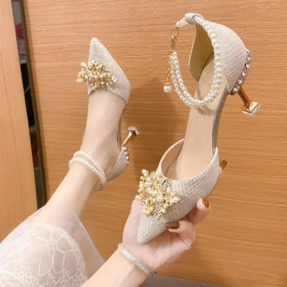 Exquisite luxury women's high heels featuring a sleek pointed toe design and stunning metal beaded embellishments, perfect for summer weddings and elegant banquets.