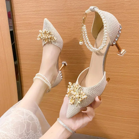 Exquisite luxury women's high heels featuring a sleek pointed toe design and stunning metal beaded embellishments, perfect for summer weddings and elegant banquets.