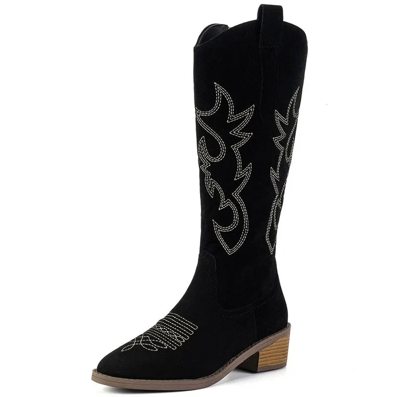 Stylish women's Chelsea cowboy knee-high boots with mid heels, showcasing a sleek zipper closure, embodying the essence of punk fashion; available in sizes 36 to 50.