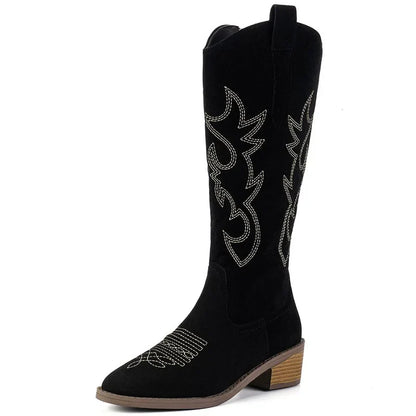 Stylish women's Chelsea cowboy knee-high boots with mid heels, showcasing a sleek zipper closure, embodying the essence of punk fashion; available in sizes 36 to 50.