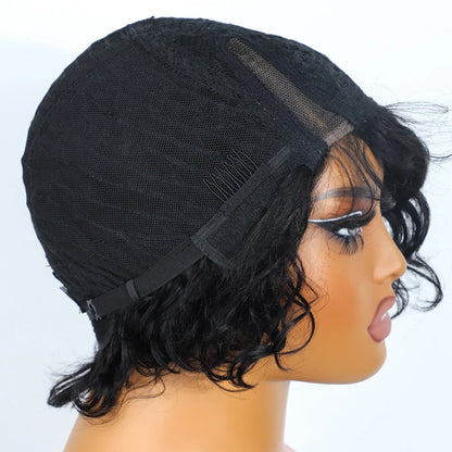 Stylish average size cap on a stunning short pixie wave wig made from Remy human hair, providing elegant texture without maintenance.