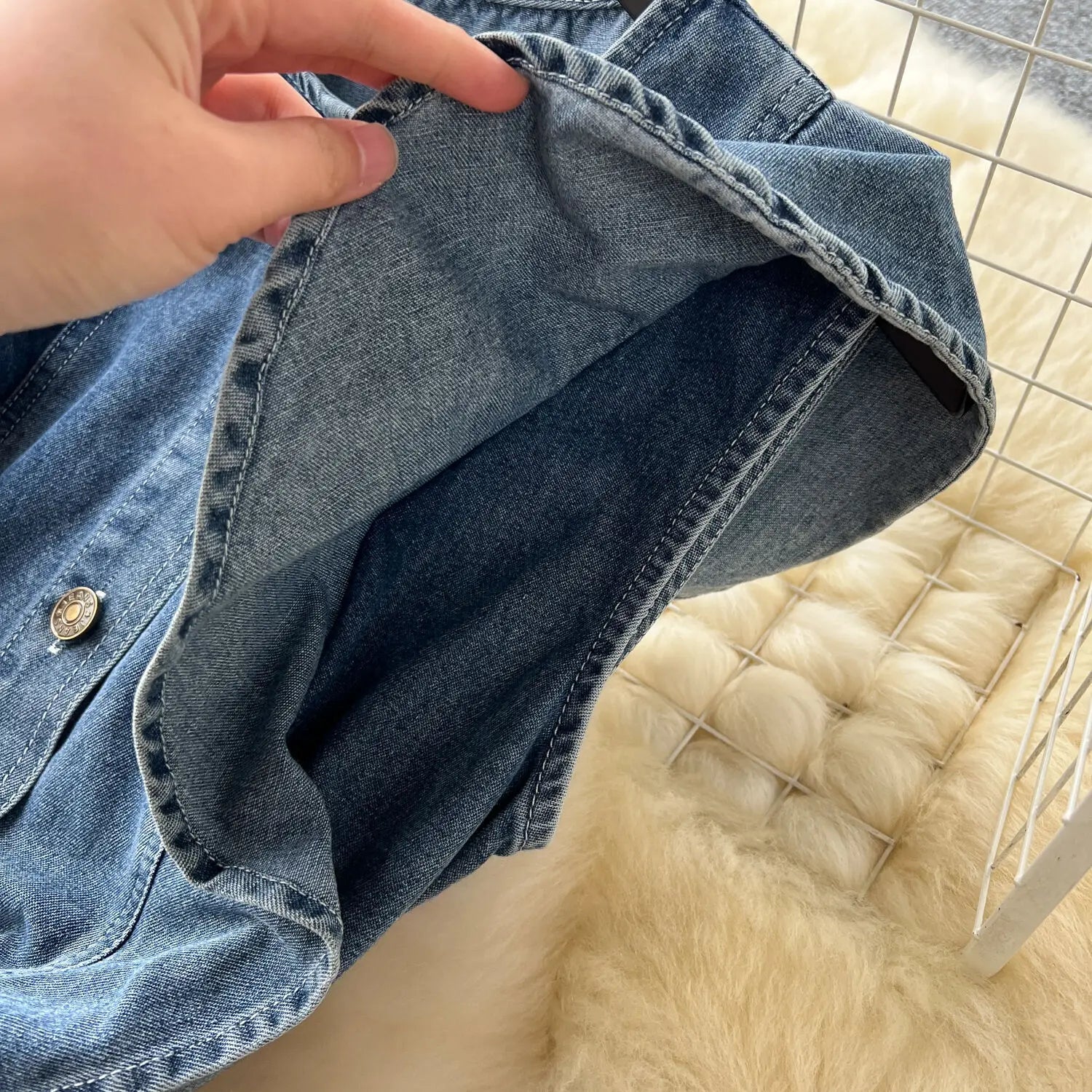 Fashion-forward WTHT Women's Ruffled Edge Denim Dress, elegantly styled for sophistication with a mid-calf length, ideal for autumn styling.