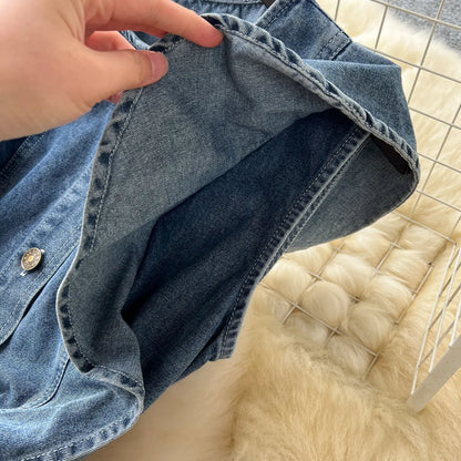 Fashion-forward WTHT Women's Ruffled Edge Denim Dress, elegantly styled for sophistication with a mid-calf length, ideal for autumn styling.