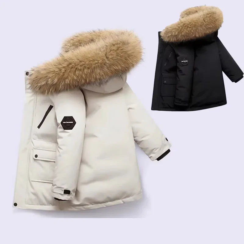 Luxurious unisex thick plus velvet warm parka coat for kids, designed for -30℃ winter weather, featuring a stylish fur collar, perfect for ages 5-12.