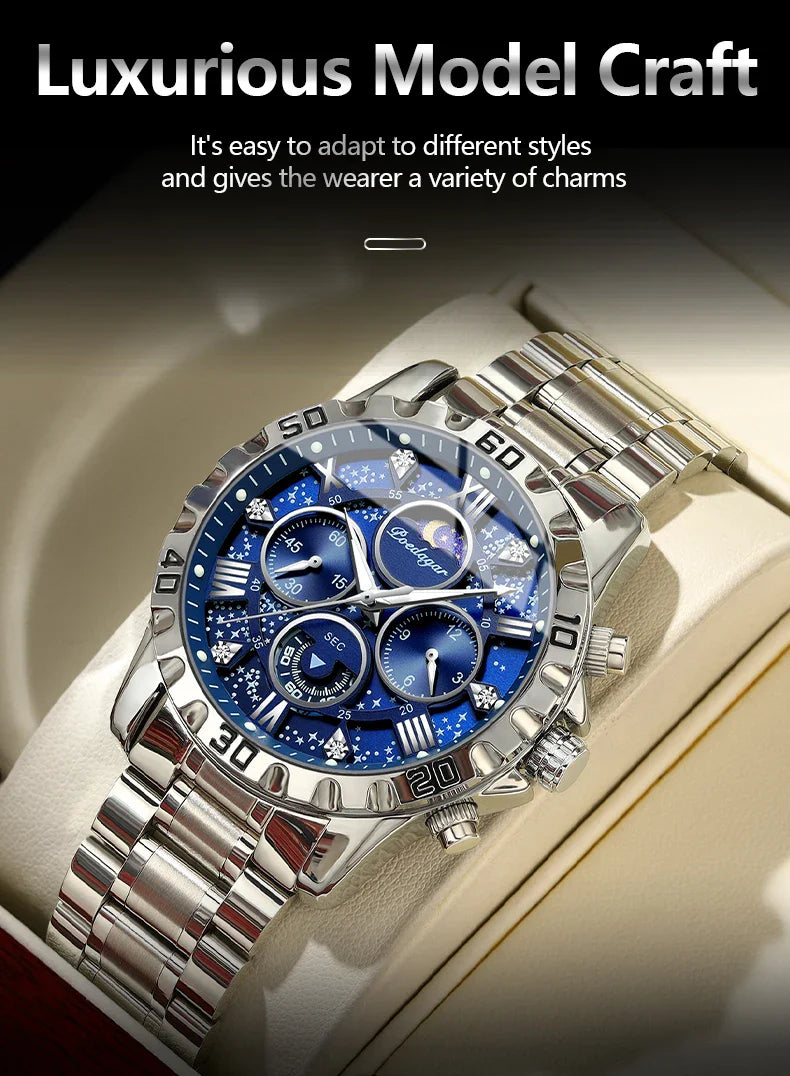 Close-up view of the stainless steel case and luminous hands of a luxury chronograph sports watch, showcasing precision and elegance.