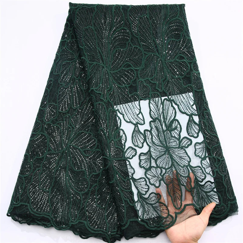 Luxurious Nigerian wedding dress fabric made of eco-friendly polyester and nylon, featuring embroidered lace and sequins, perfect for bespoke bridal designs.