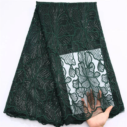 Luxurious Nigerian wedding dress fabric made of eco-friendly polyester and nylon, featuring embroidered lace and sequins, perfect for bespoke bridal designs.