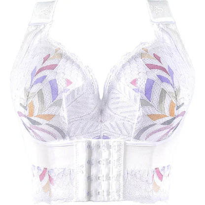 Flat lay of the Floral Lace Push Up Bra in size 32D, beautifully arranged with delicate flowers, accentuating its romantic and sophisticated appeal.