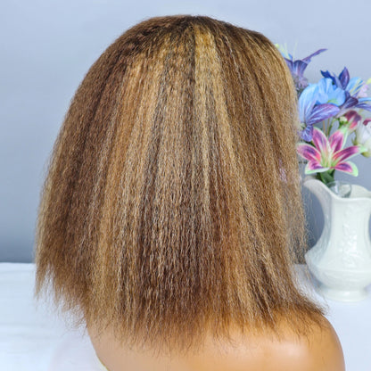 Stylish kinky straight bob wig, offering a seamless blend of brown and blonde highlights, perfect for everyday elegance.