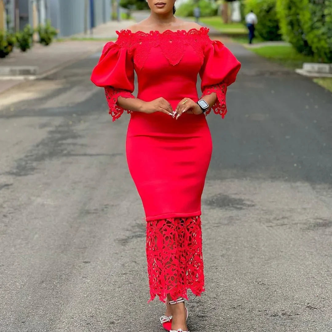 Close-up of the exquisite lace midi dress showcasing its premium polyester fabric, designed for a luxurious look and feel, ideal for mature women.