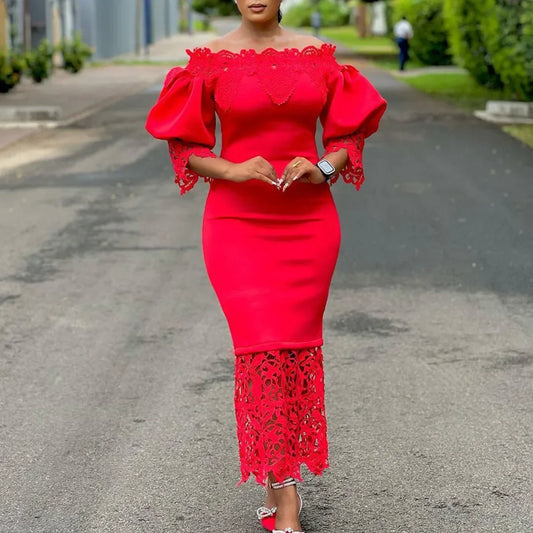 Close-up of the exquisite lace midi dress showcasing its premium polyester fabric, designed for a luxurious look and feel, ideal for mature women.