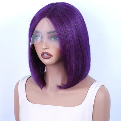 Close-up view of the luxurious Brazilian purple lace bob wig, showcasing the fine texture and quality of Remy hair.