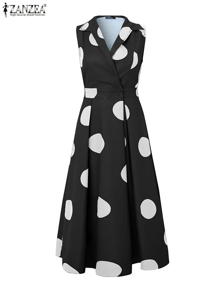 Close-up of the luxurious fabric of the ZANZEA Polka Dot Maxi Dress, featuring a classy dot pattern and a stylish regular fit, reflecting an elegant blend of comfort and sophistication for modern women.