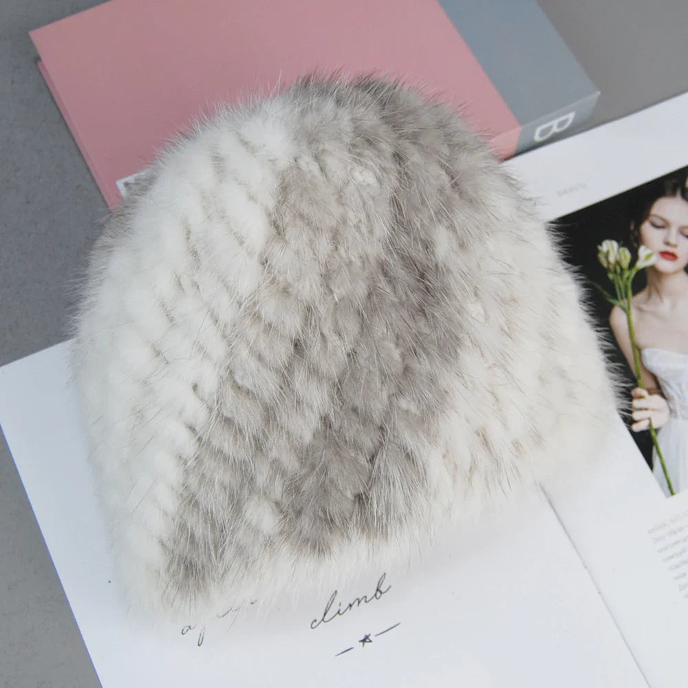 Fluffy Winter Cap showcasing stylish design with natural mink fur, ideal for a chic and warm look in cold weather.