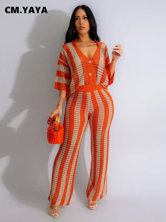Luxurious CM.YAYA Women's Bohemian Summer 2 Piece Set featuring a short sleeve V-Neck top and wide leg pants, perfect for sophisticated summer styling.