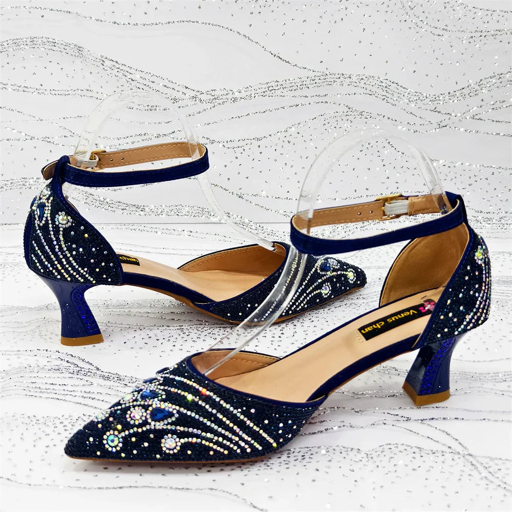 Elegant women's pointed toe pumps featuring high spike heels adorned with rhinestones, perfect for summer parties.