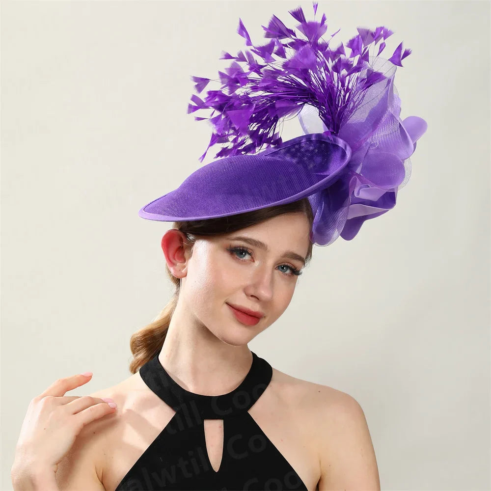 Close-up of luxurious purple fascinator hat, crafted from high-quality polyester, ideal for sophisticated occasions.