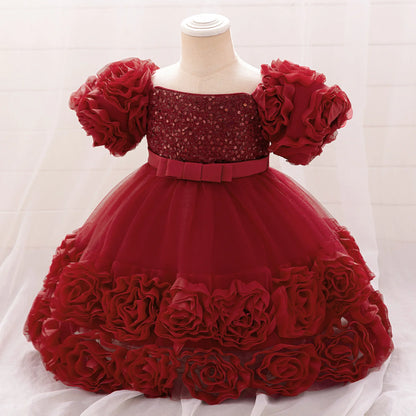 Elegant Girls 3D Floral Party Princess Dress showcasing floral appliques and cute tulle detail, perfect for ages 4-10, ideal for birthday and wedding celebrations.