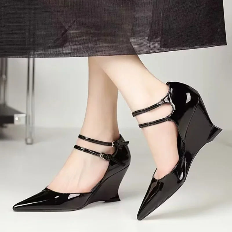 Luxurious high heel wedge sandals for women in a fashionable design, showcasing a sleek pointed toe and chic buckle strap.