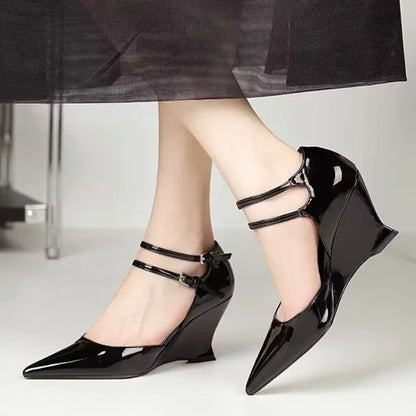 Luxurious high heel wedge sandals for women in a fashionable design, showcasing a sleek pointed toe and chic buckle strap.