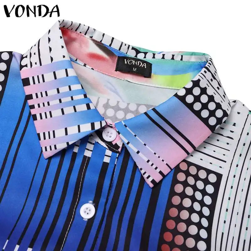 VONDA Plus Size Bohemian Maxi Dress with vibrant orange and yellow prints, elegantly showcasing full sleeves and a turn-down collar for an exquisite look.