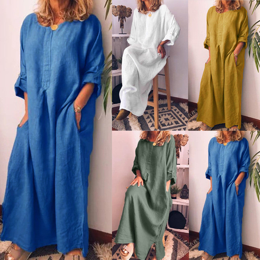 Chic long sleeve solid O-neck maxi dress for plus size women, showcasing a casual yet sophisticated design, ideal for summer wear.