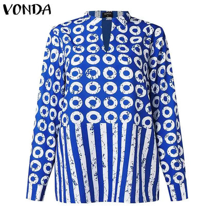 Elegant plus size 5XL VONDA women's casual matching set featuring a long sleeve polka dot shirt styled with elastic pants, ideal for sophisticated streetwear.