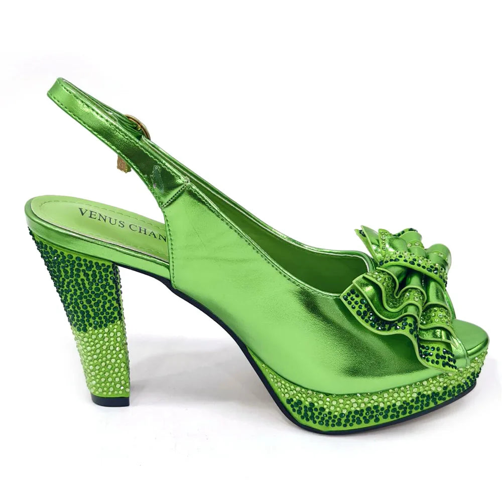 Stylish Green Bag Matching Venus Chan Open Toe Diamond Pumps, Perfect Accessory for Women’s Formal Events and Parties.