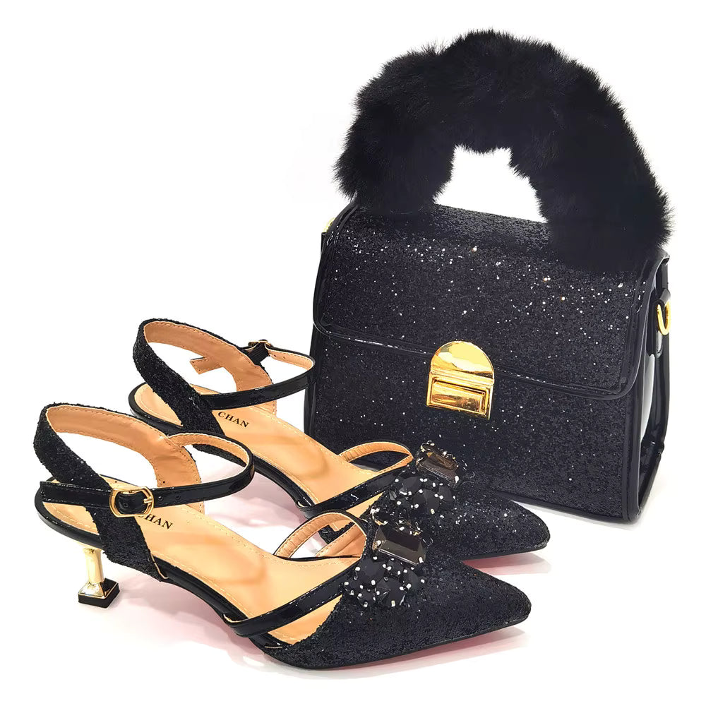 Glamorous shot of a matching handbag and Women's Peep Toe Mary Jane Pumps by Hot Trends Area, emphasising luxury and sophistication.