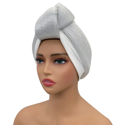 Elegant luxury women's turban cap in glitter with knot design, perfect for stylish head wraps, suitable for African Gele headtie, 56-58cm.