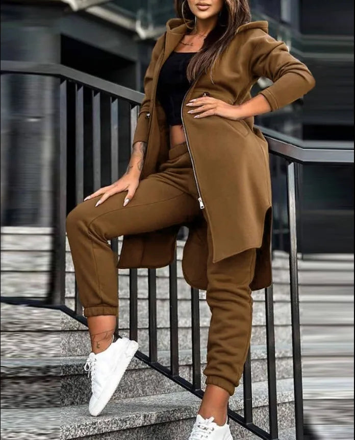 Women's luxury hooded tracksuit in a rich solid colour, an ideal choice for autumn layering and office style, featuring elegant, slight stretch fabric.