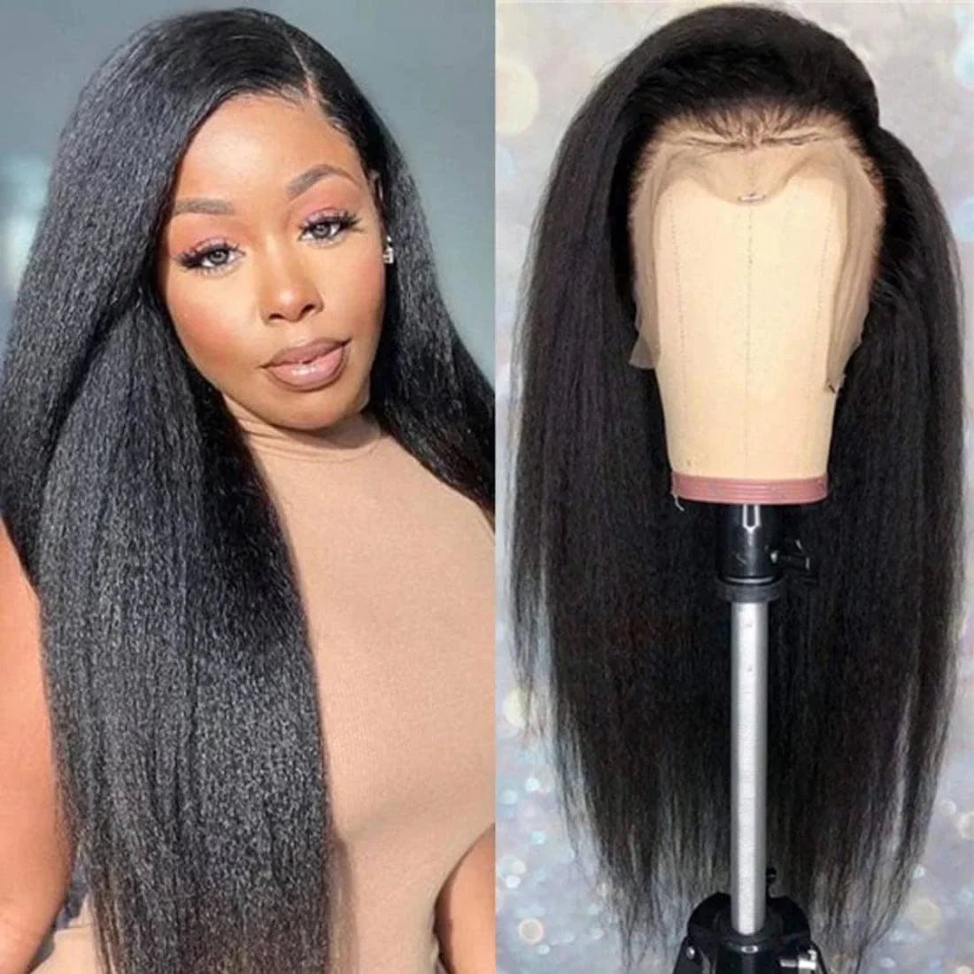Close-up of the Yaki Straight 360 Lace Frontal Wig's bleached knots and pre-plucked baby hairs, ensuring a seamless, luxurious appearance.