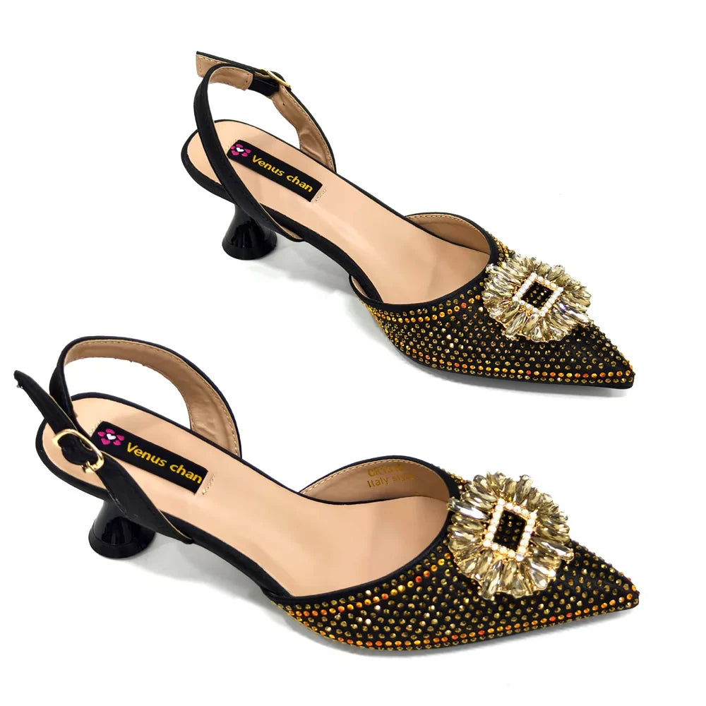 Close-up of stylish pointed toe party shoes designed for women, featuring a medium heel, crafted for comfort and elegance.