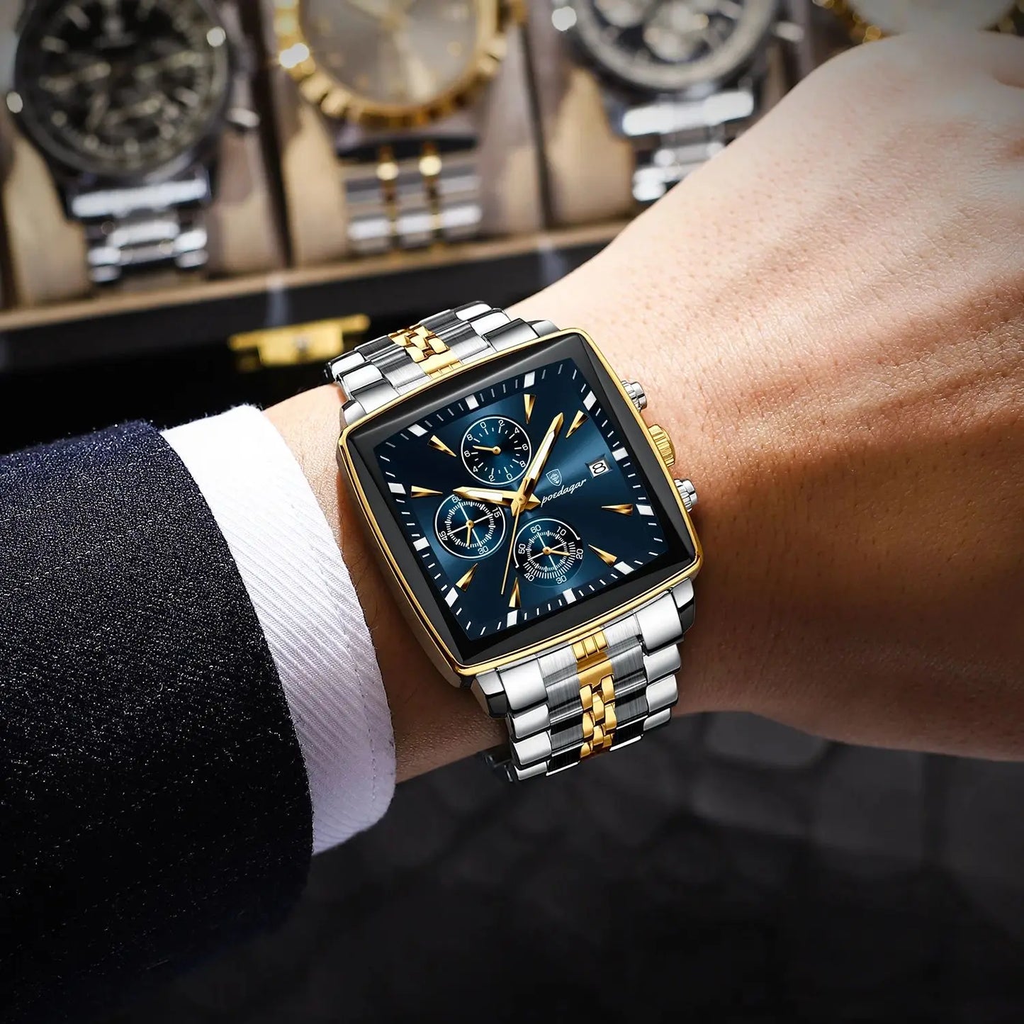 Luxury Men's Luminous Chronograph Wristwatch showcasing a stunning square stainless steel case with a 40-44mm dial, perfect for elegant style.