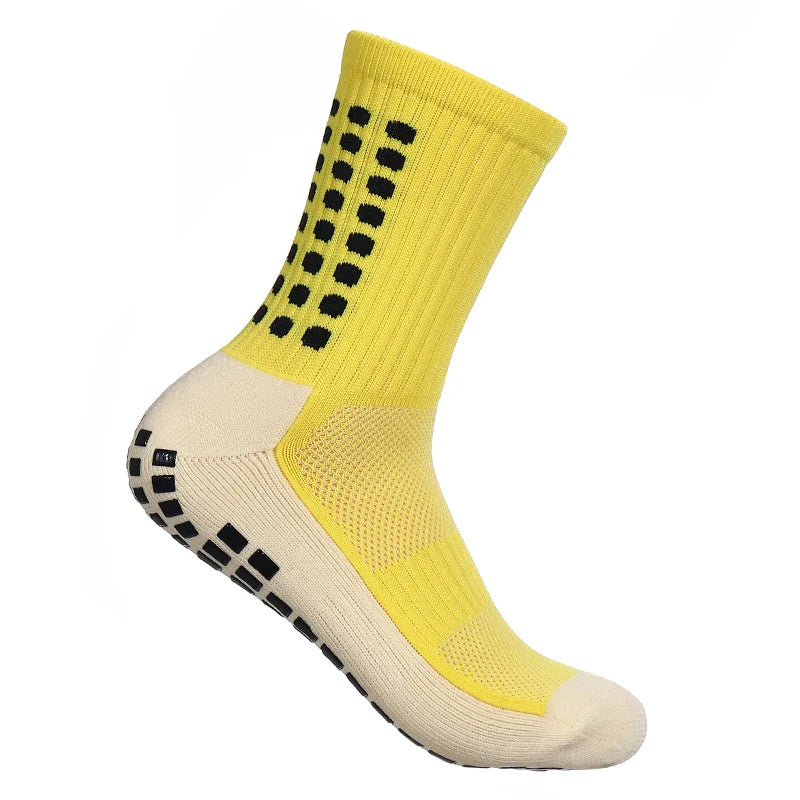 Luxurious MagiMobo Grip Non-Slip Mid-Calf Football Socks for Men, crafted from durable nylon, ideal for running and sports.