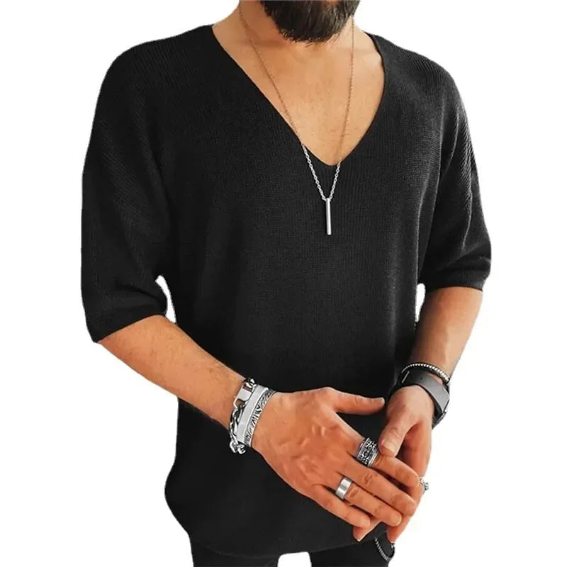 Refined men's casual knit top with a contemporary V-neck and plush fabric, ideal for upscale outings and leisurely activities.