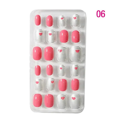 Elegant set of 24 acrylic press-on false nails for girls, designed with cute candy flower patterns, perfect for stylish nail decoration and gifting.