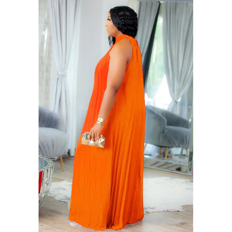 Luxurious sleeveless maxi dress featuring a pleated design and a bandage halter neckline, perfect for summer occasions.