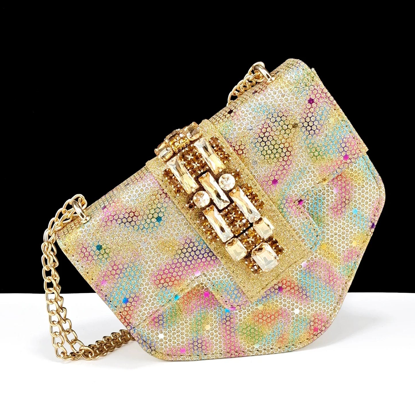 Close-up of exquisite rhinestone and metal decoration on QSGFC gold pumps, reflecting sophistication and glamour for upscale events.