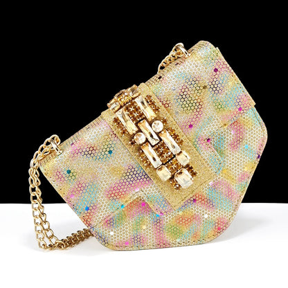 Close-up of exquisite rhinestone and metal decoration on QSGFC gold pumps, reflecting sophistication and glamour for upscale events.