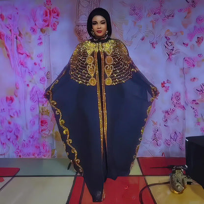 Model showcasing the Luxury Rhinestone Two-Piece Chiffon Dress Set, highlighting the flowing silhouette and cultural elegance of Bubu style for women.