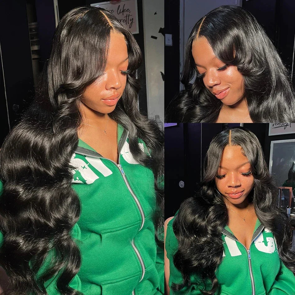 Dramatic long body wave hairstyle, demonstrating the versatility of the 200 density human hair wig, perfect for various occasions and stylish transformations.