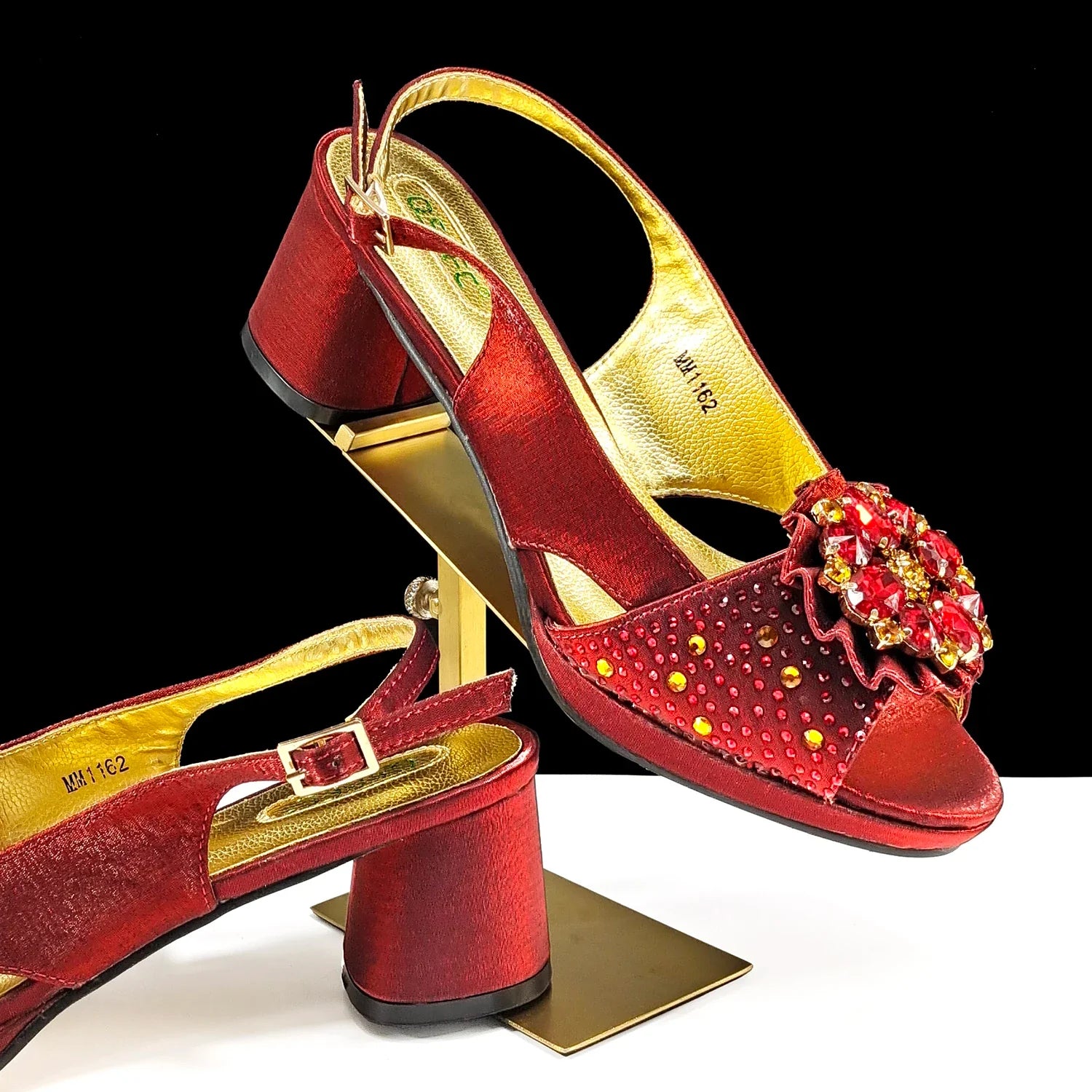 Luxurious QSGFC open toe pumps in olive with dazzling accents, showcasing high-fashion footwear for the modern woman.