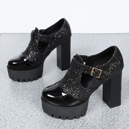 Elegant women's luxurious thick heel pumps in mixed autumn colours, showcasing a comfortable slip-on design and a high round toe.