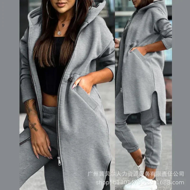 Luxury women's hooded tracksuit set by Hot Trends Area featuring high waist pencil pants and stylish zipper closure, perfect for chic casual wear.