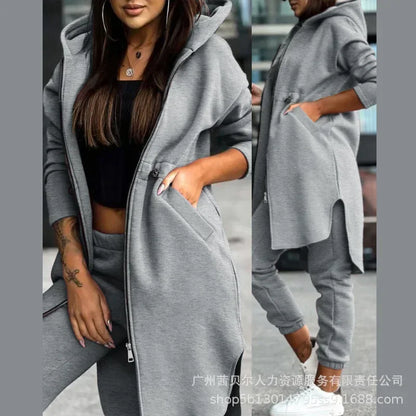 Luxury women's hooded tracksuit set by Hot Trends Area featuring high waist pencil pants and stylish zipper closure, perfect for chic casual wear.